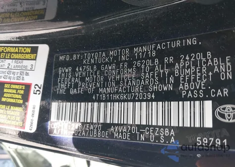 2019 Toyota Camry Se z USA, uszkodzony, nr VIN 4T1B11HK6KU720394
